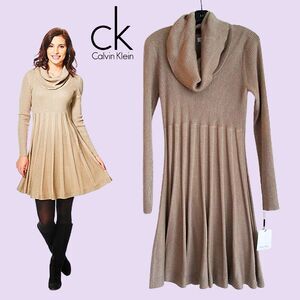Calvin Klein NEW Glam Metallic Cowl Neck Pleated Fit&Flare Sweater Dress M